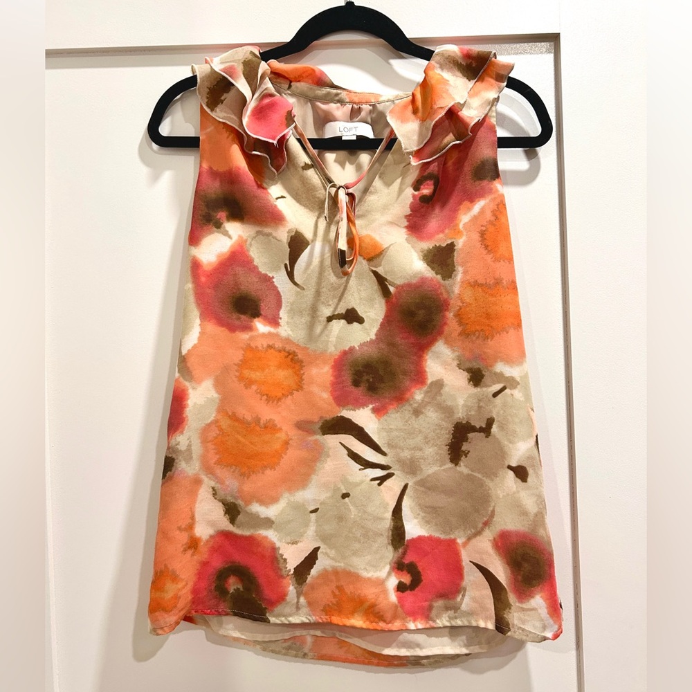 Women’s floral flutter sleeve orange cream blouse S